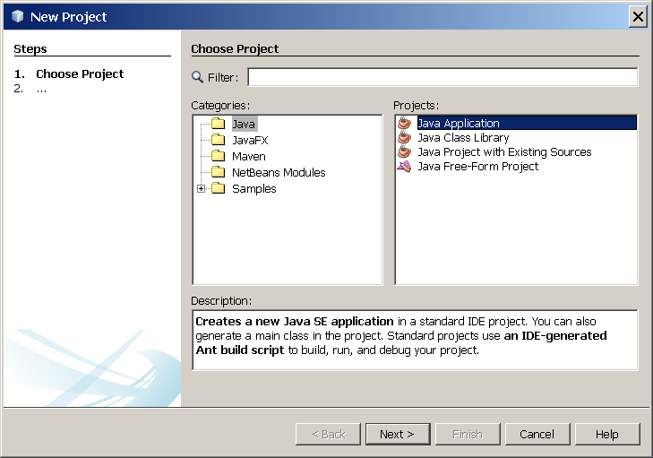 NetBeans IDE, New Project wizard, Choose Project page.